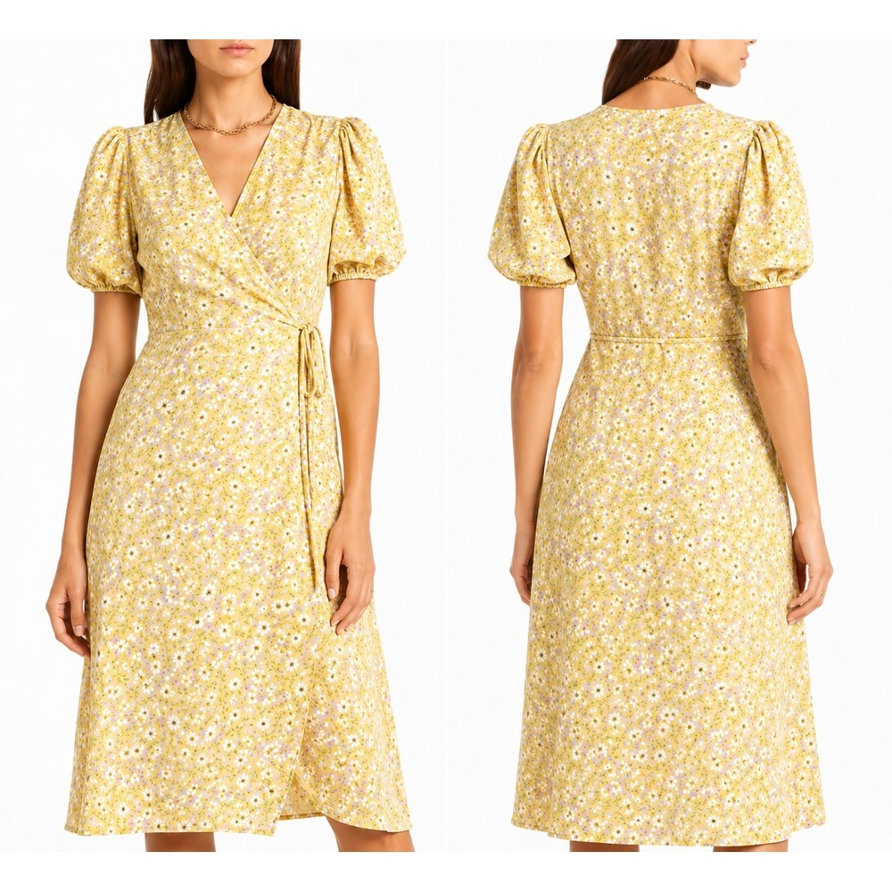 Faithfull the Brand Yellow Floral Puff Sleeve Midi Dress V Neck S Small size 4